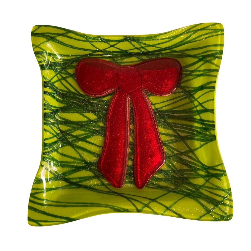 Christmas Art Glass Plate Candy Dish Red Bow With Green Accents